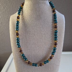 Hand Crafted Beaded Necklace in Teal, Brown, and Amber